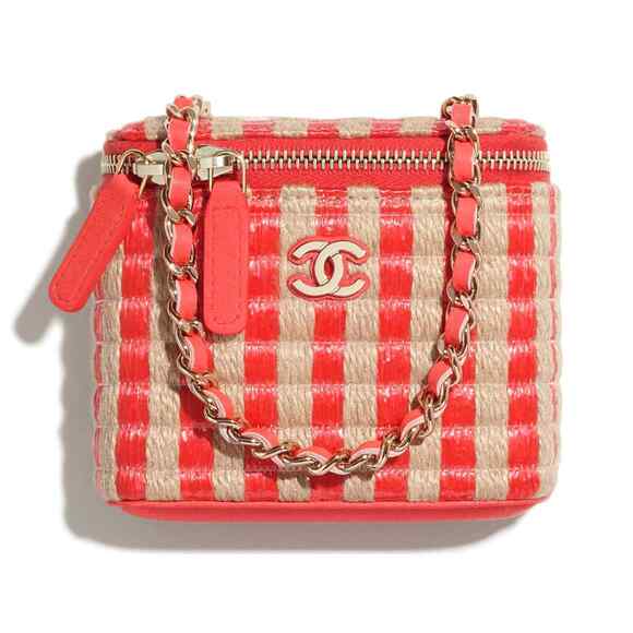 Chanel 21P Red Beige Raffia CC Mini Vanity With Chain Shoulder Crossbody Bag - Picture 1 of 12